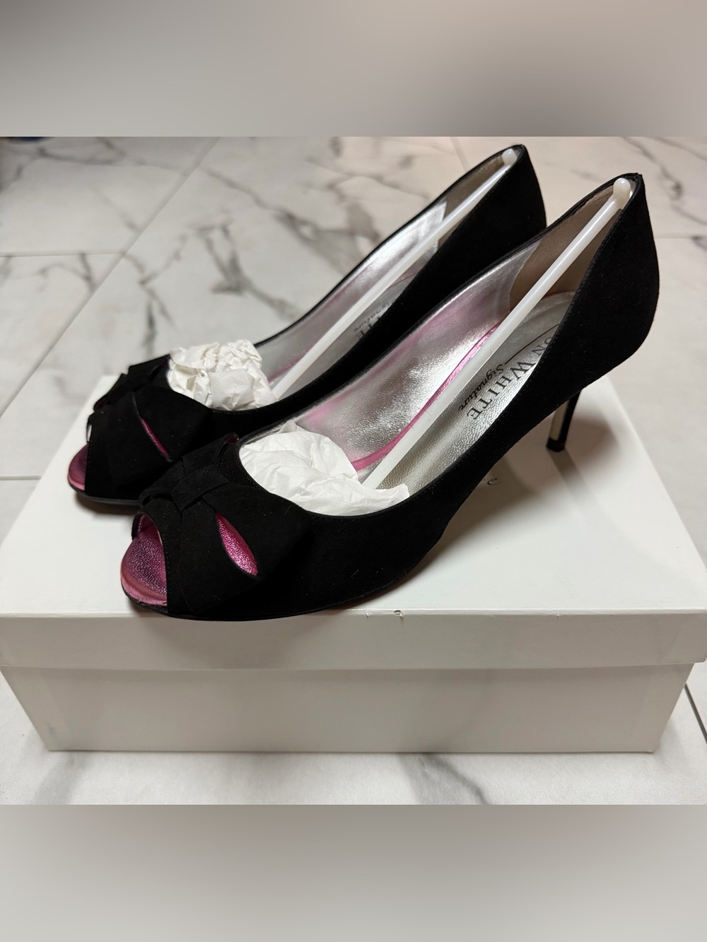 Ron White Black Peep-Toe Heels with Pink Accents Size 38.5